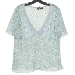 Nancy K Top Y2K Babydoll Cottage Coastal Grandma Feminine Sheer Floral Blue 1X